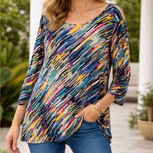 Cable & Gauge Colorful Brushstroke Women's Long Sleeve Shirt Top size 2X